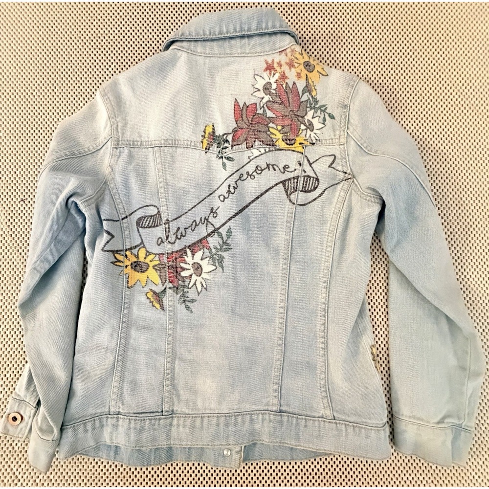 Jessica Simpson Denim Jean Jacket Girls Size L Painted Boho Hippie‎ Moto Trucker